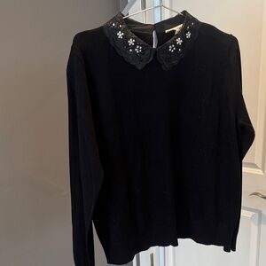 NWOT Embellished Black Sweater with Floral Collar